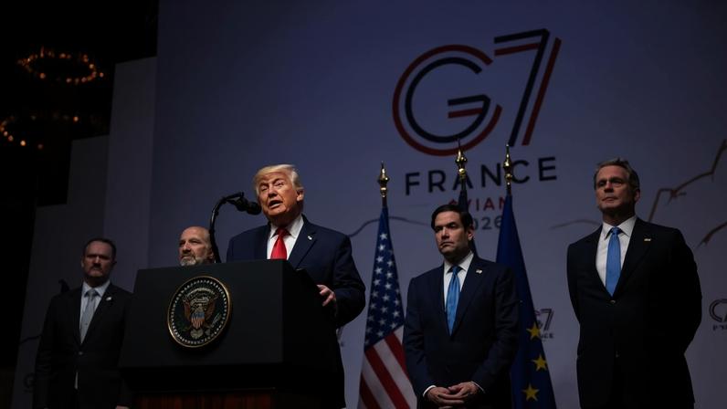 Presidente dos Estados Unidos, Donald Trump, dá coletiva de imprensa durante cúpula do G7 em Evian-les-Bains, na França, em 17 de junho de 2026.