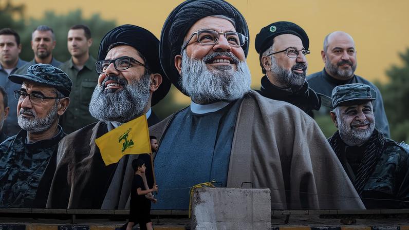 Um homem caminha com um menino, que carrega uma bandeira do Hezbollah, em frente a um mural que retrata o ex-líder do Hezbollah, Hassan Nasrallah, e outras figuras importantes, no dia em que o chefe do Hezbollah, Naim Qassem, fez um discurso televisionado, perto do túmulo de Hassan Nasrallah, nos arredores de Beirute, Líbano , em 17 de junho de 2026