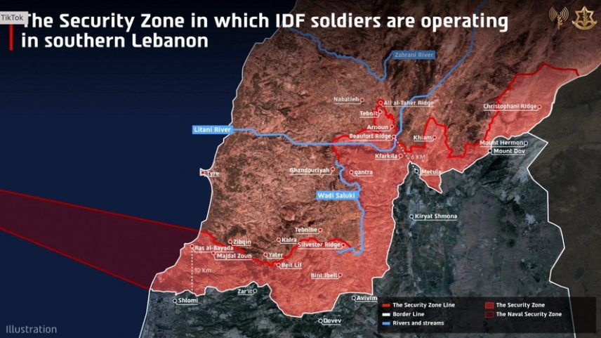 Um mapa publicado pelo exército israelense ( IDF ) indica a zona de segurança em que os soldados do IDF estão operando no sul do Líbano, nesta ilustração obtida pela Reuters em 18 de junho de 2026