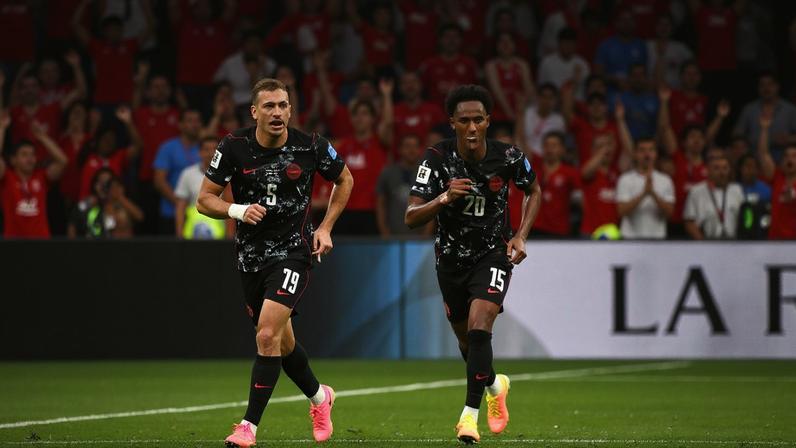 Soccer Football - FIFA World Cup 2026 - Group B - Canada v Qatar - BC Place, Vancouver, Canada - June 18, 2026 Canada's Nathan Saliba celebrates scoring their fourth goal with Cyle Larin and Ali Ahmed IMAGN IMAGES via Reuters/Anne-Marie Sorvin