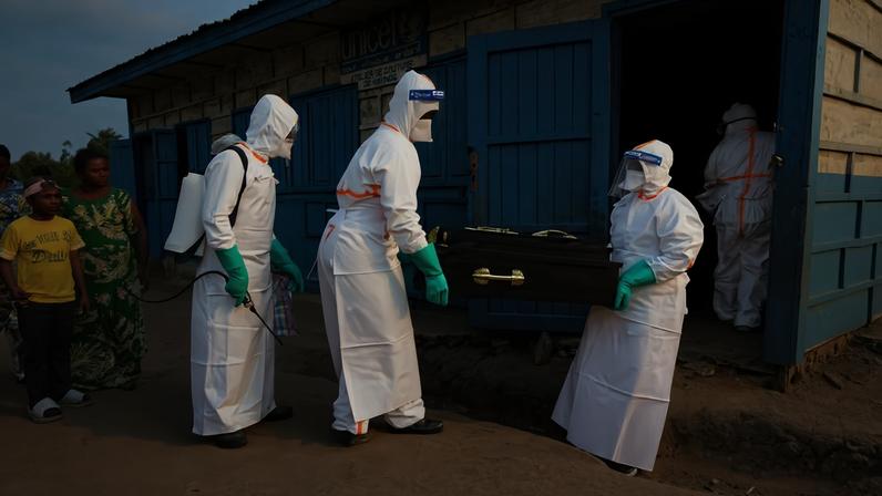 Profissionais de saúde levam o caixão de uma criança com suspeita de Ebola para o sepultamento: 254 mortes confirmadas