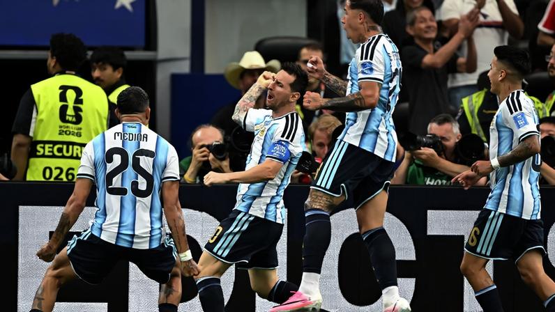 Argentina's Lionel Messi celebrates scoring their first goal with Enzo Fernandez, Facundo Medina and Thiago Almada IMAGN IMAGES via Reuters/Maria Lysaker TPX IMAGES OF THE DAY
