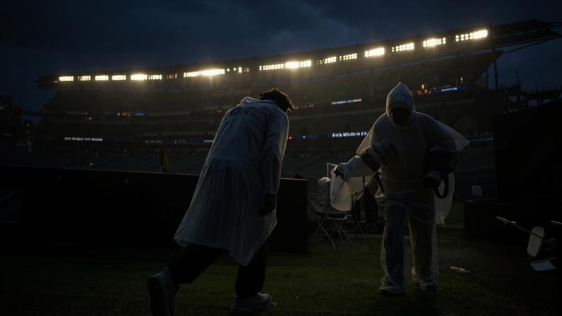 Profissionais da imprensa deixam o gramado por causa do mau tempo antes de França x Iraque, na Filadélfia. — Foto: REUTERS/Siphiwe Sibeko