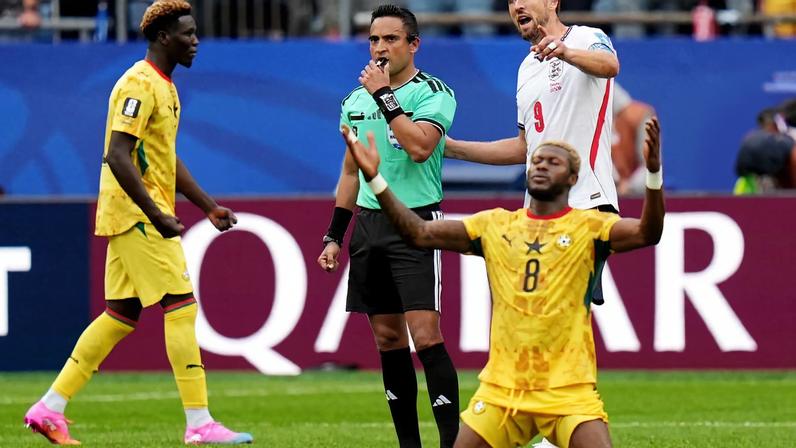 Ghana's Kwasi Sibo celebrates as England's Harry Kane talks to referee Said Martinez after the match IMAGN IMAGES via Reuters/David Butler Ii