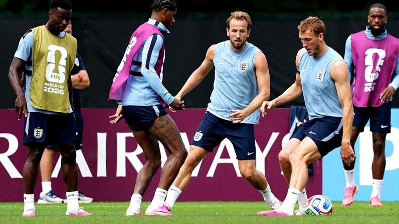 Soccer Football - FIFA World Cup 2026 - England Training - Swope Soccer Village, Kansas City, Missouri, U.S. - June 26, 2026 England's Marcus Rashford, Dan Burn and Harry Kane during training IMAGN IMAGES via Reuters/Denny Medley