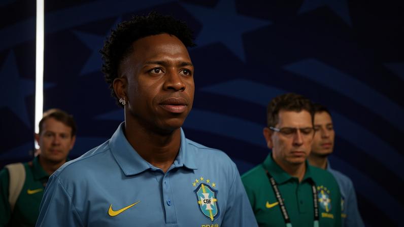 Vini Jr. chega para Brasil x Japão pela segunda fase da Copa do Mundo 2026 — Foto: Reuters/Troy Taormina