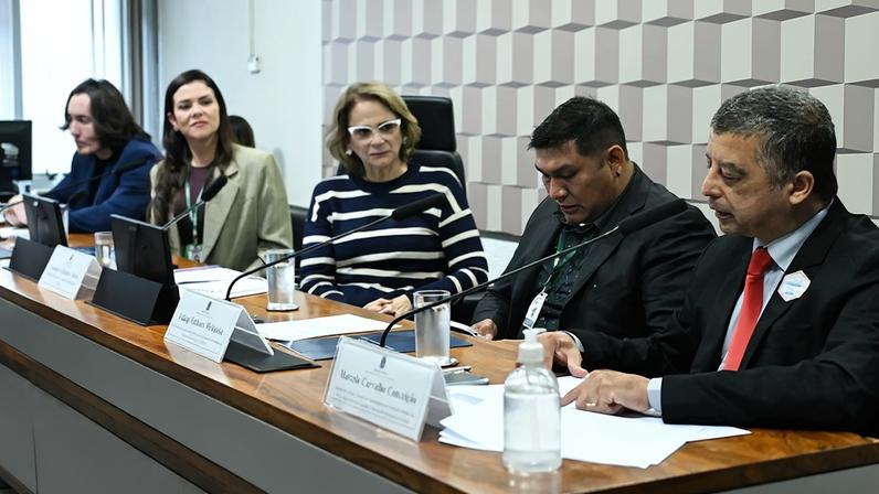 Mesa: chefe da Divisão de Gestão do Trabalho e Educação na Saúde Indígena do Ministério da Saúde (Sesai/MS), Gustavo Hoff; coordenadora do Curso de Enfermagem Intercultural Indígena da Universidade do Estado de Mato Grosso (Unemat), Ana Cláudia Pereira Terças Trettel; presidente eventual da CE, senadora Damares Alves (Republicanos-DF); aluno do Curso de Enfermagem Intercultural Indígena da Universidade do Estado de Mato Grosso (Unemat), Yakagi Kuikuro Mehinaku; membro da Câmara Técnica de Enfermagem em Atenção à Saúde dos Povos Originários do Conselho Federal de Enfermagem (Cofen), Marcelo Carvalho Conceição.