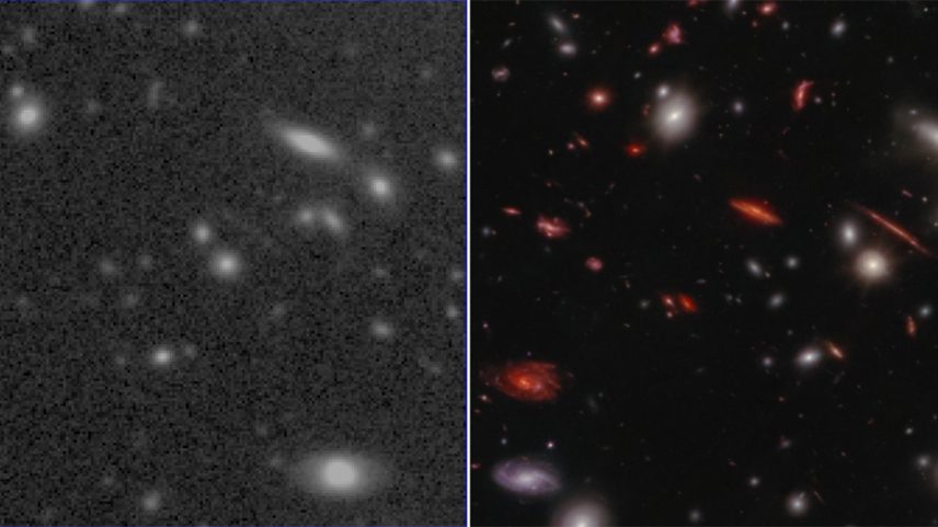 Imagens do céu, obtidas no espectro visível de luz, com uma tonalidade acinzentada e galáxias em forma de manchas brancas, e em infravermelho, onde há galáxias brancas e vermelhas
