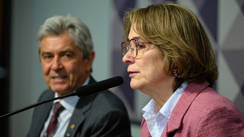 À mesa, presidente da CDH, senadora Damares Alves (Republicanos-DF), conduz reunião.