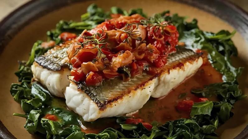 Peixe grelhado com espinafre refogado