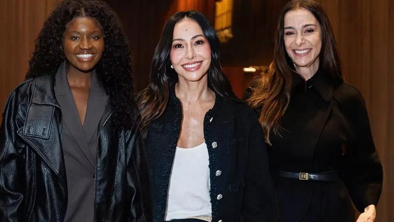Tudo preto, mas nada básico! Com tweed e jaqueta de couro, Sabrina Sato, Kenya Sade e Mônica Martelli prestigiam peça de Taís Araújo com looks all black para o Inverno 2026.