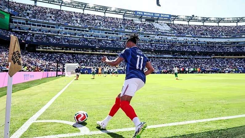 Michael Olise steps up to take a corner during France’s match against Senegal at the World Cup