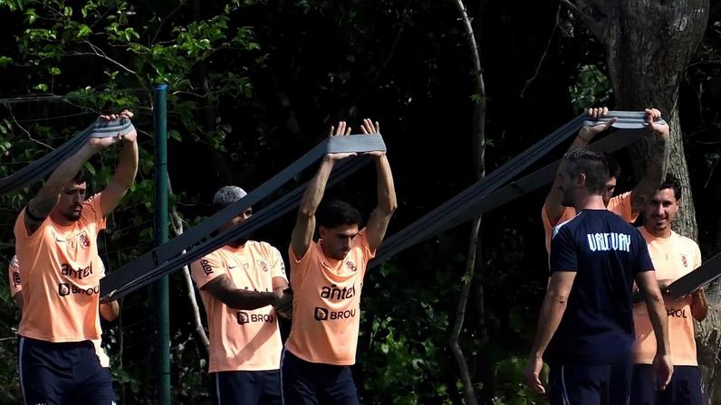 The Uruguay squad is put through its paces in Playa del Carmen, Mexico, on Saturday before their travel plans were scuppered by paperwork.