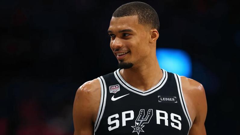 Victor Wembanyama #1 of the San Antonio Spurs reacts during the fourth quarter against the New York Knicks in Game One of the 2026 NBA Finals at Frost Bank Center on June 03, 2026 in San Antonio, Texas.