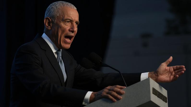 Former US President Barack Obama speaks during the dedication ceremony for the opening of the Barack Obama Presidential Center in John Lewis Plaza on June 18, 2026 in Chicago, Illinois.