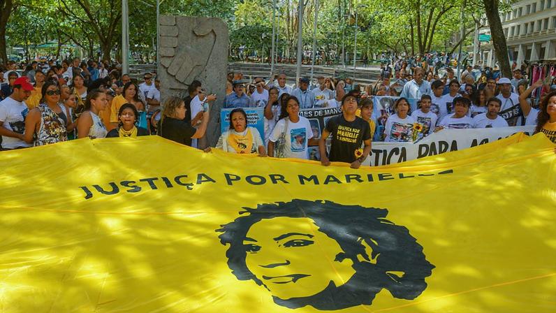 Ato por Justiça marca os seis anos do assassinato de Marielle Franco, no centro do Rio de Janeiro. Foto: Tomaz Silva/Agência Brasil
