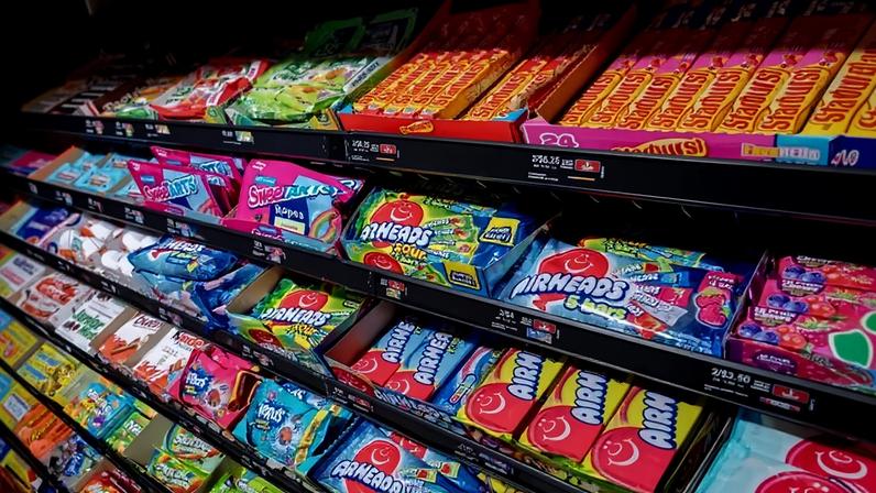 Brightly colored candy and desert packages on display.