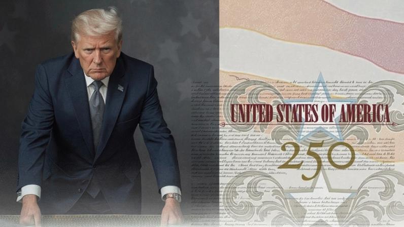 Edição comemorativa do passaporte americano com o rosto do presidente Donald Trump. Tiragem especial é em comemoração aos 250 anos da independência dos EUA.