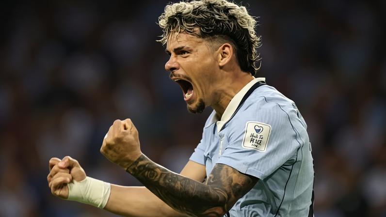 Maximiliano Araújo celebrates after his late equaliser for Uruguay.