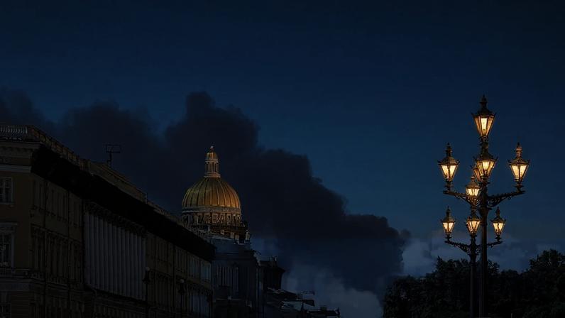 Black smoke rises following a Ukrainian drone attack in St Petersburg, Russia, on 3 June 2026.