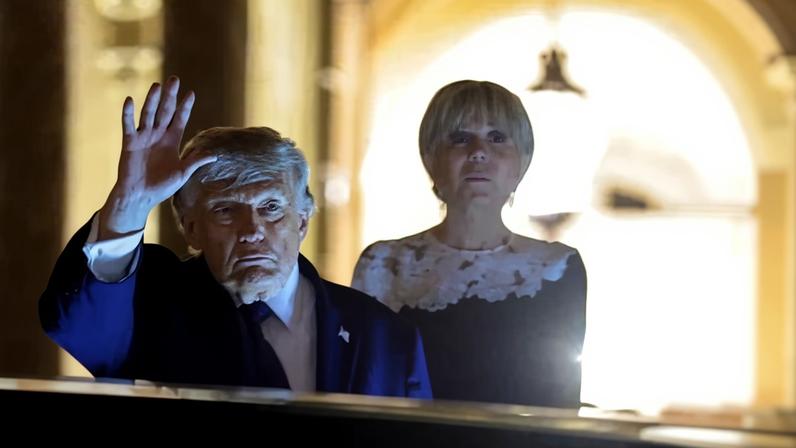 President Donald Trump waves as he departs a dinner with Emmanuel and Brigitte Macron at Chateau de Versailles on Wednesday at the end of the G7 summit where he signed a memorandum of understanding on the Iran deal.