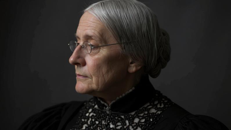 A black and white photograph of a woman looking to the left, cropped from the shoulders up. She has gray hair pulled back in a bun and wire glasses. She has a serious expression on her face and black clothing.