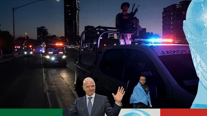 (Clockwise from top right) Mexican national guard officers escort the bus carrying Iran's players in Tijuana, Somali referee Omar Artan, Fifa president Gianni Infantino in Mexico City and Donald Trump holds the World Cup trophy in the White House.