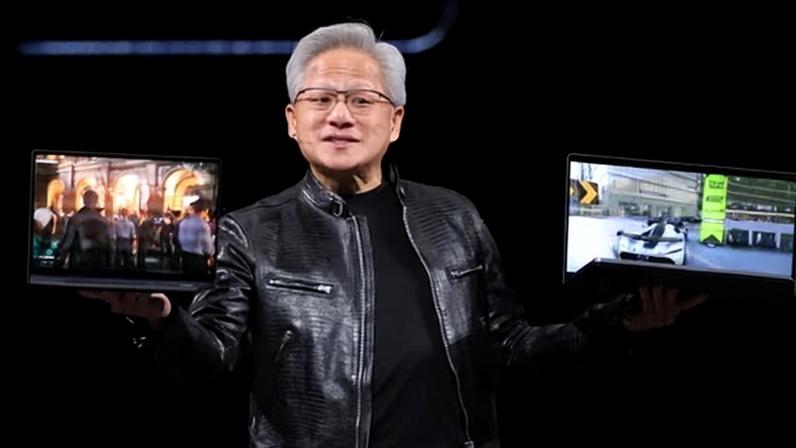 Nvidia CEO Jensen Huang introduces the RTX Spark laptop at Computex 2026 in Taipei.