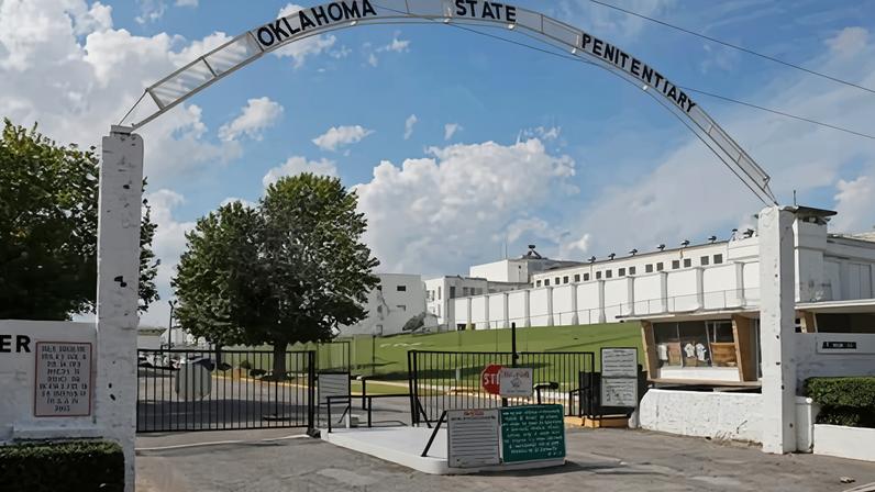 The entrance to the Oklahoma state penitentiary in McAlester, Oklahoma, on 9 October 2014.