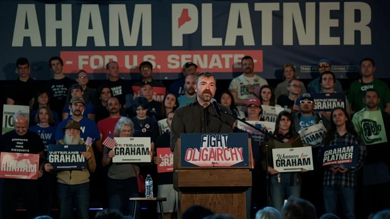 Graham Platner, the Democratic candidate for US Senate in Maine, speaks during a campaign rally with Bernie Sanders in Portland, Maine, on 25 May.