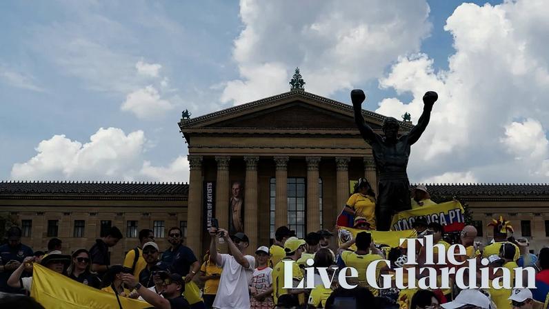 Ecuador fans gather in front of the Rocky statue in Philadelphia before their World Cup game against Côte d’Ivoire.