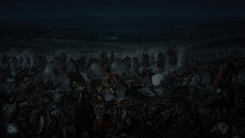A painting of a battlefield filled with fighters.