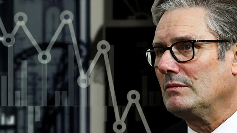 BBC A black and white photo of Keir Starmer wearing glasses, surrounded by chart graphics.