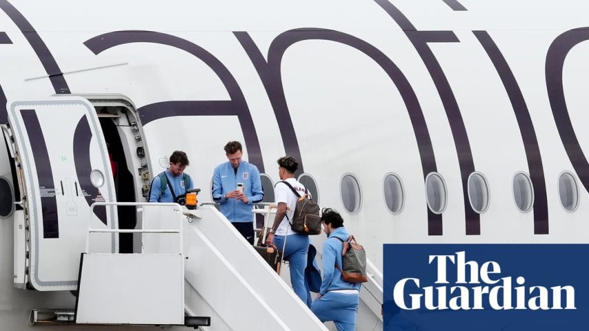 England players on the steps to board a plane at Birmingham airport to fly to the US for the World Cup.