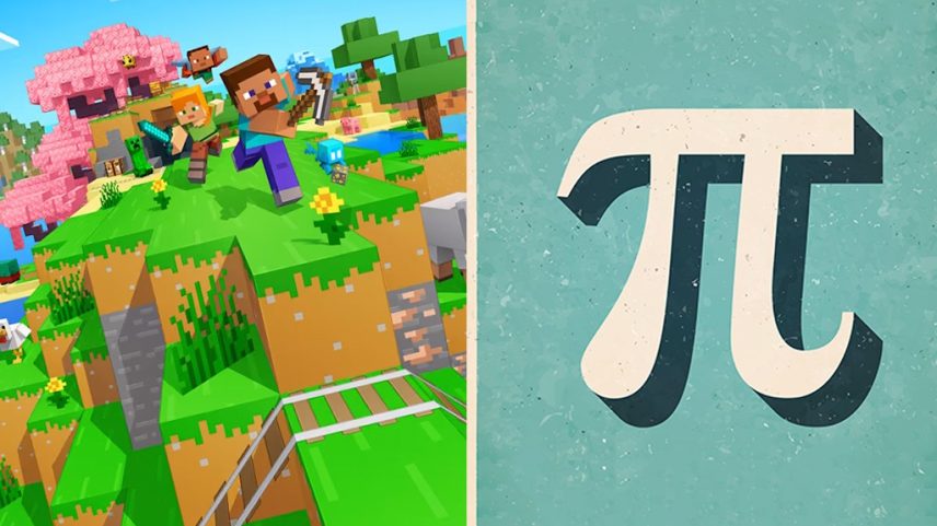 Cena dividida: à esquerda, personagens de Minecraft correm em um cenário de blocos com árvores e animais; à direita, o símbolo Pi em creme com sombra escura sobre fundo azul-esverdeado texturizado