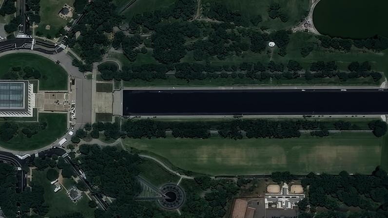 The Lincoln Memorial reflecting pool on the National Mall in Washington DC on 7 June, after it was resurfaced and painted blue.