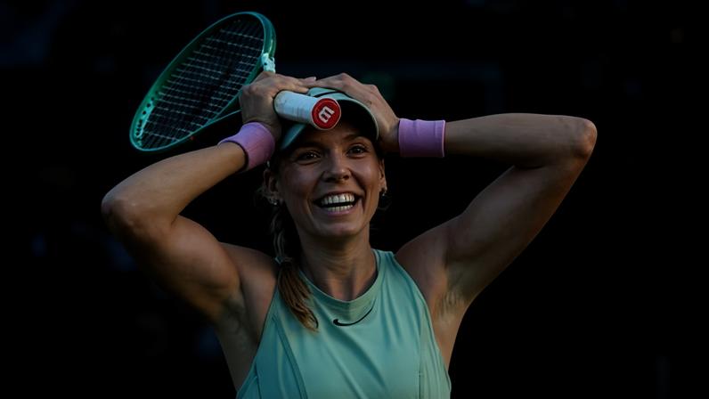 Britain’s Katie Boulter celebrates winning her quarter-final match against Kazakhstan’s Elena Rybakina at Queen’s on Friday.