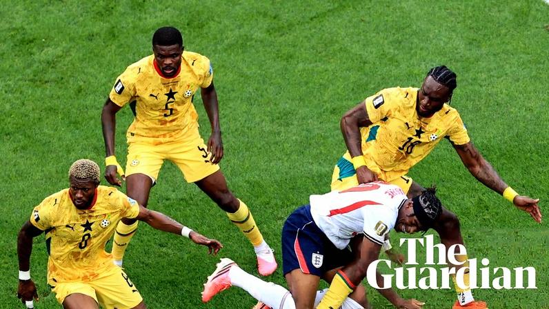 Noni Madueke is crowded out by three Ghana defenders at Boston Stadium.