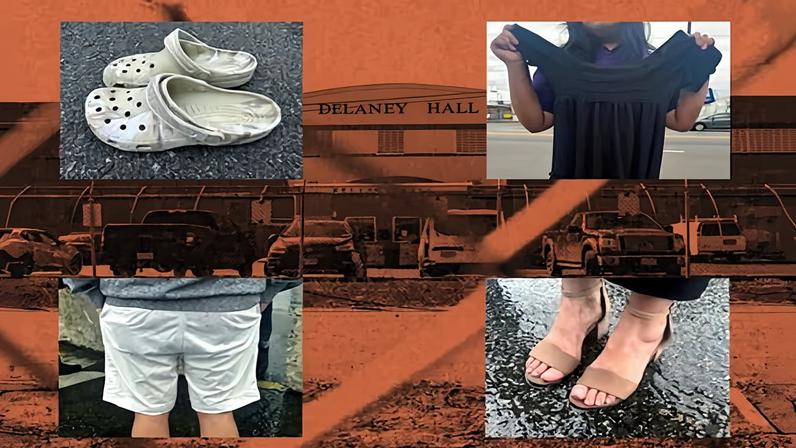 A composite photo of Delaney Hall with various clothing items.