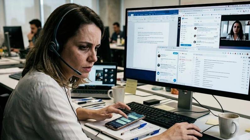 Seu cérebro não faz multitarefa. Ele apenas troca de foco constantemente. (Imagem: Fala Ciência via Gemini)