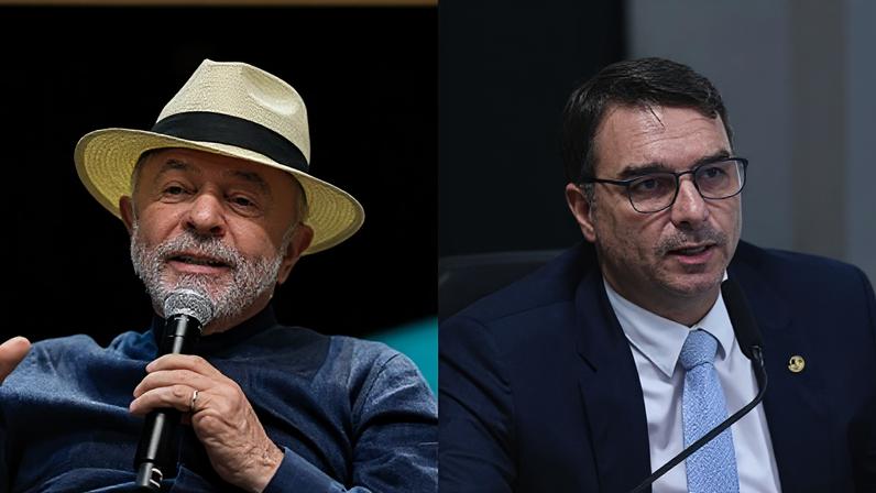 O presidente Luiz Inácio Lula da Silva (PT), à esquerda; o senador Flávio Bolsonaro (PL), à direita