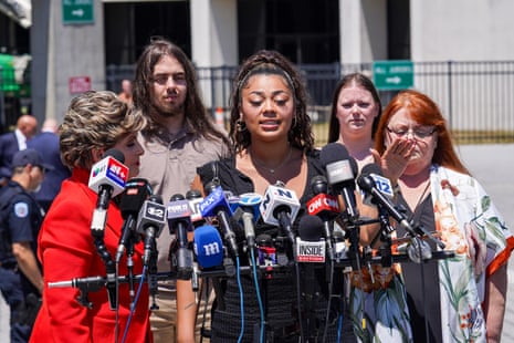 Liliana Waterman, daughter of Megan Waterman, a victim of Rex Heuermann, speaks to the media outside of the Arthur M Cromarty criminal court complex, alongside other family members of victims, on 17 June 2026, in Riverhead, New York.