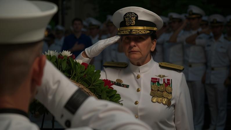 Nancy Lacore salutes after placing a wreath at the statue of the Lone Sailor during a wreath-laying ceremony at the US Navy Memorial in Washington DC 3 June 2024.