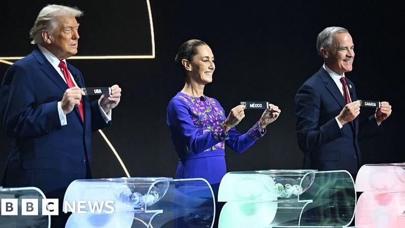 US President Donald Trump, Mexican President Claudia Sheinbaum and Canadian Prime Minister Mark Carney hold up tags bearing the names of their respective countries during the Fifa World Cup draw