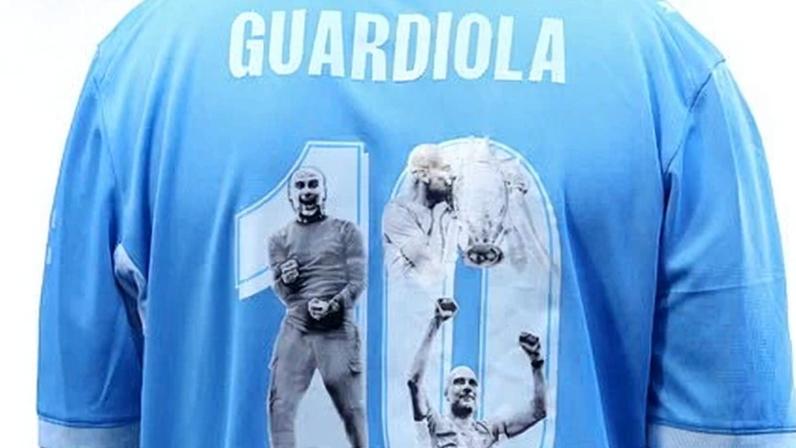 A supporter wears a Manchester City shirt paying tribute to Pep Guardiola, who has left the club after a decade of success