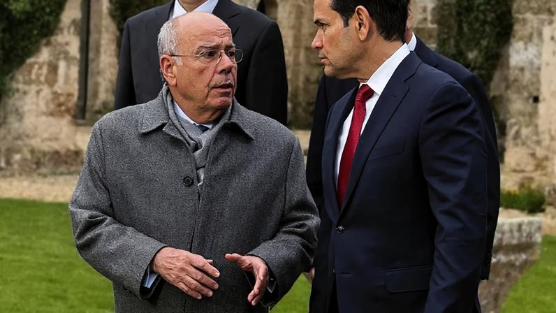 O Ministro das Relações Exteriores do Brasil, Mauro Vieira, e Marco Rubio interagem durante fotografia oficial dos chanceleres na reunião do G-7, na França.