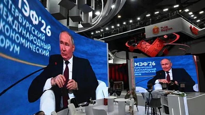 Russian President Vladimir Putin participating in the plenary session of the St Petersburg International Economic Forum.