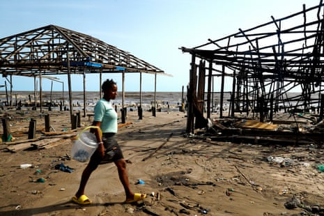 Stilt houses damaged by coastal erosion – just some of the homes, businesses and churches lost to the sea in Ayetoro, south-west Nigeria, April 2024.