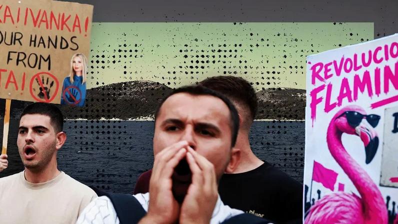 Flamingos cor-de-rosa e imagens da filha do presidente dos EUA são elementos centrais de protestos contra um empreendimento turístico na Albânia