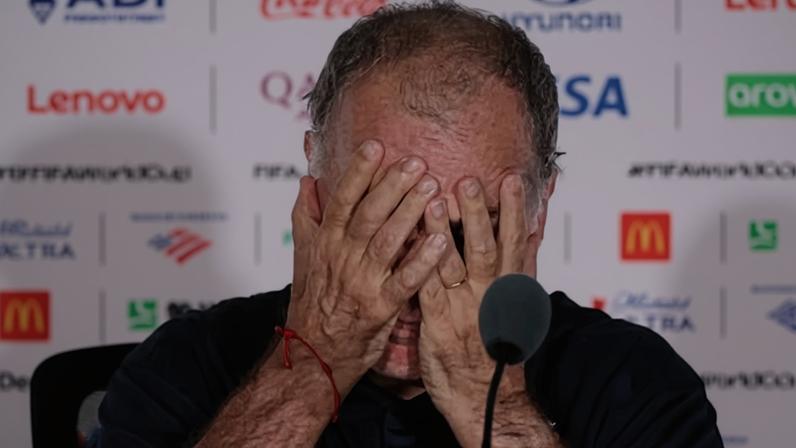 Marcelo Bielsa reacts during a press conference after Uruguay were eliminated from the World Cup.
